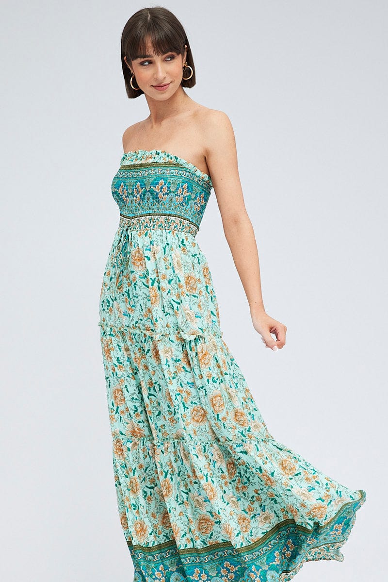 Boho Print Maxi Dress Bandeau Sun Dress