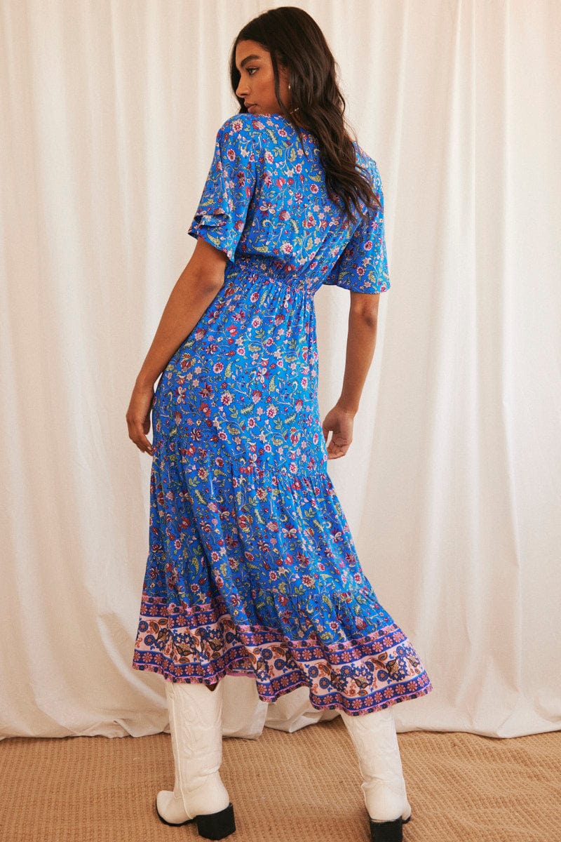Blue Boho Maxi Dress Short Sleeve V-Neck