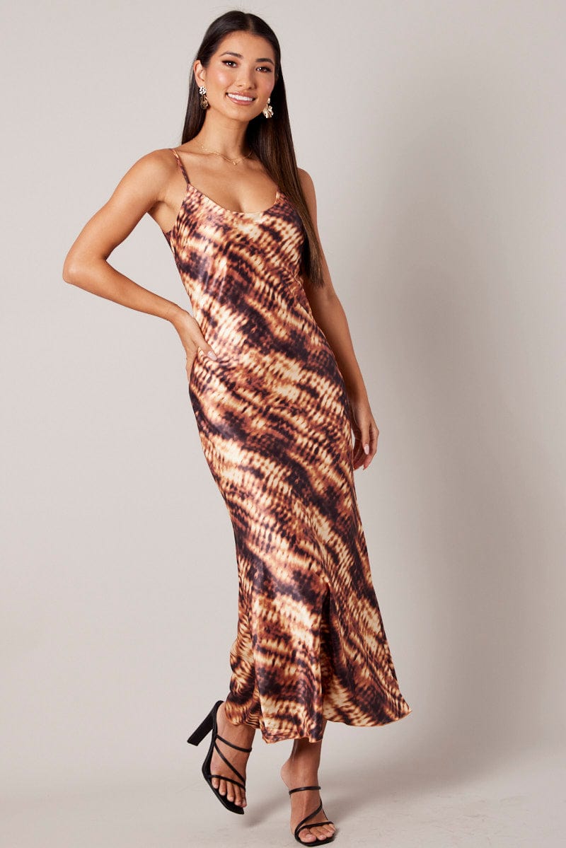 Brown Abstract Maxi Dress Strappy