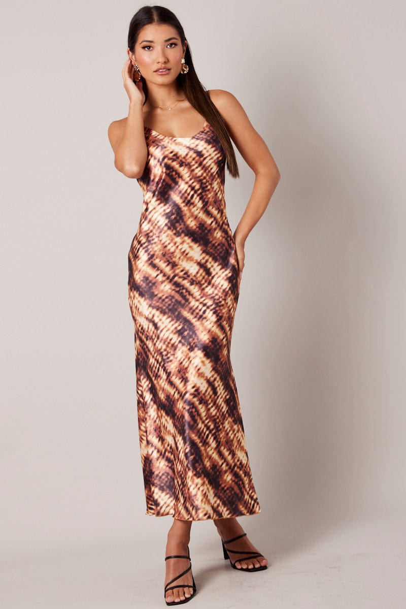 Brown Abstract Maxi Dress Strappy
