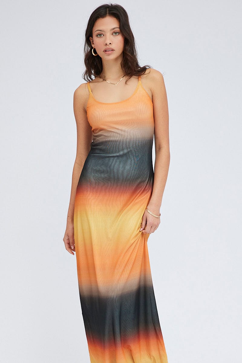Brown Abstract Maxi Dress Sleeveless Mesh