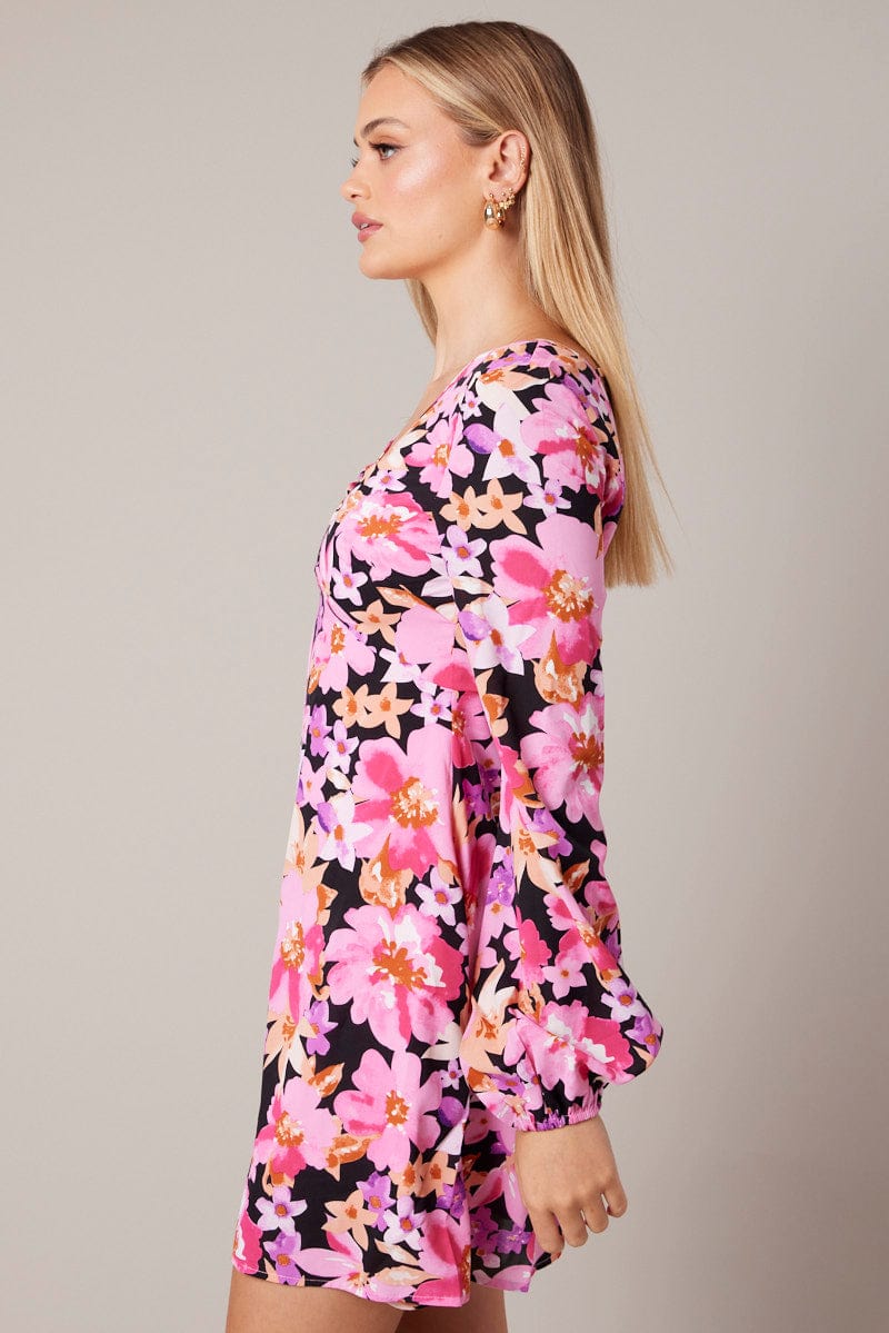 Black Floral Ballon Sleeve Dress Keyhole Swishy Skater Dress