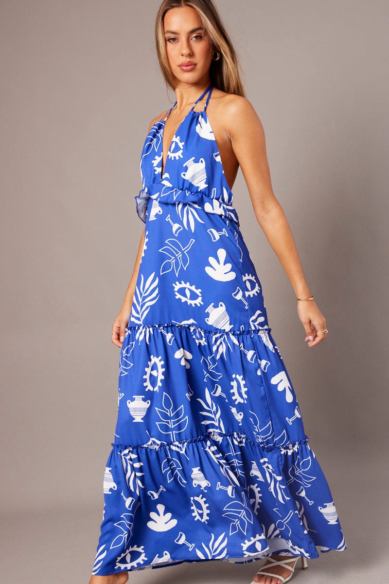 Blue Abstract Maxi Dress Halter Neck Tiered Ruffle Dress