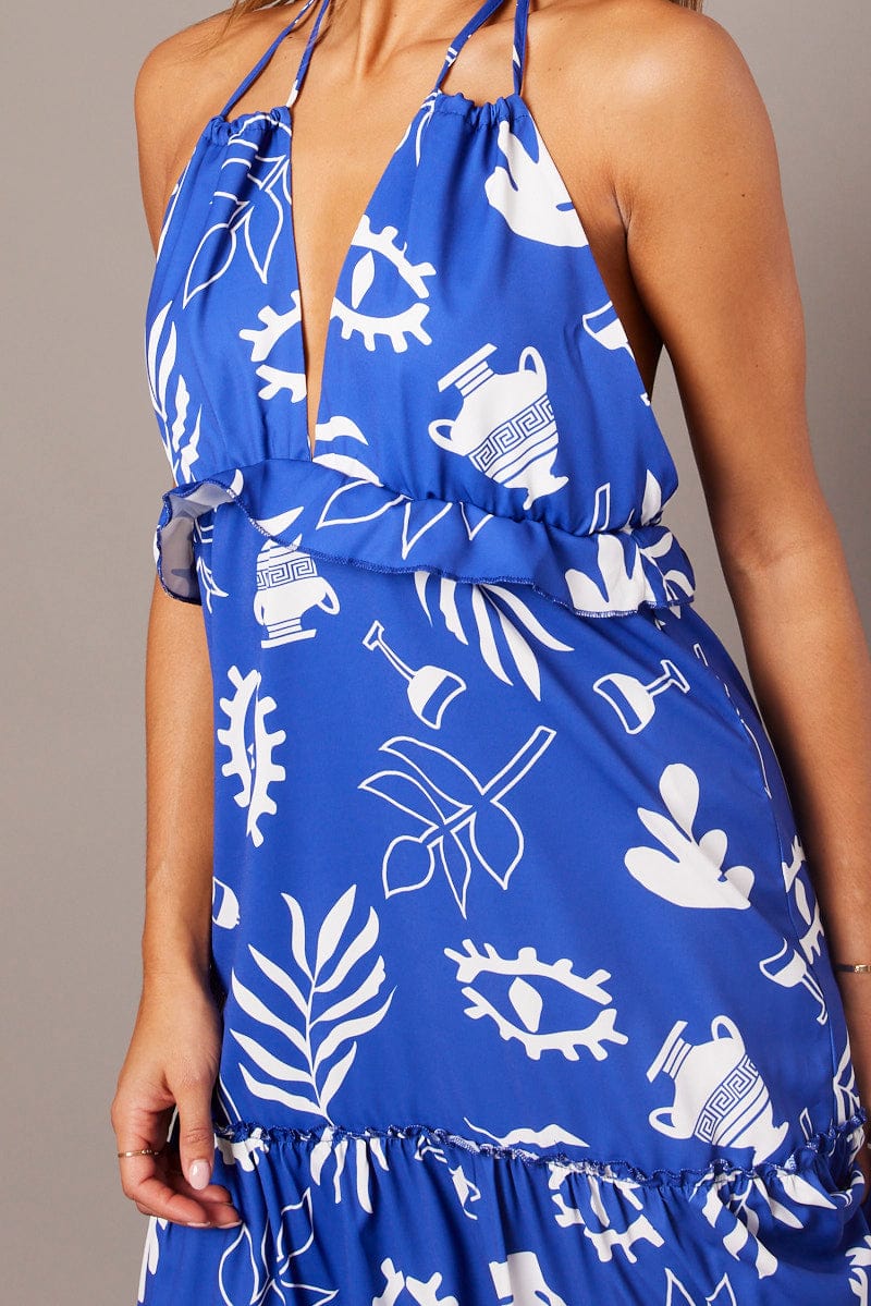 Blue Abstract Maxi Dress Halter Neck Tiered Ruffle Dress