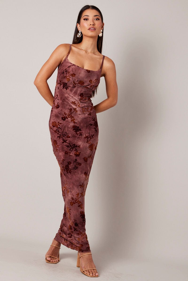 Brown Floral Slip Dress Cowl Neck Maxi Velvet Devore Dress