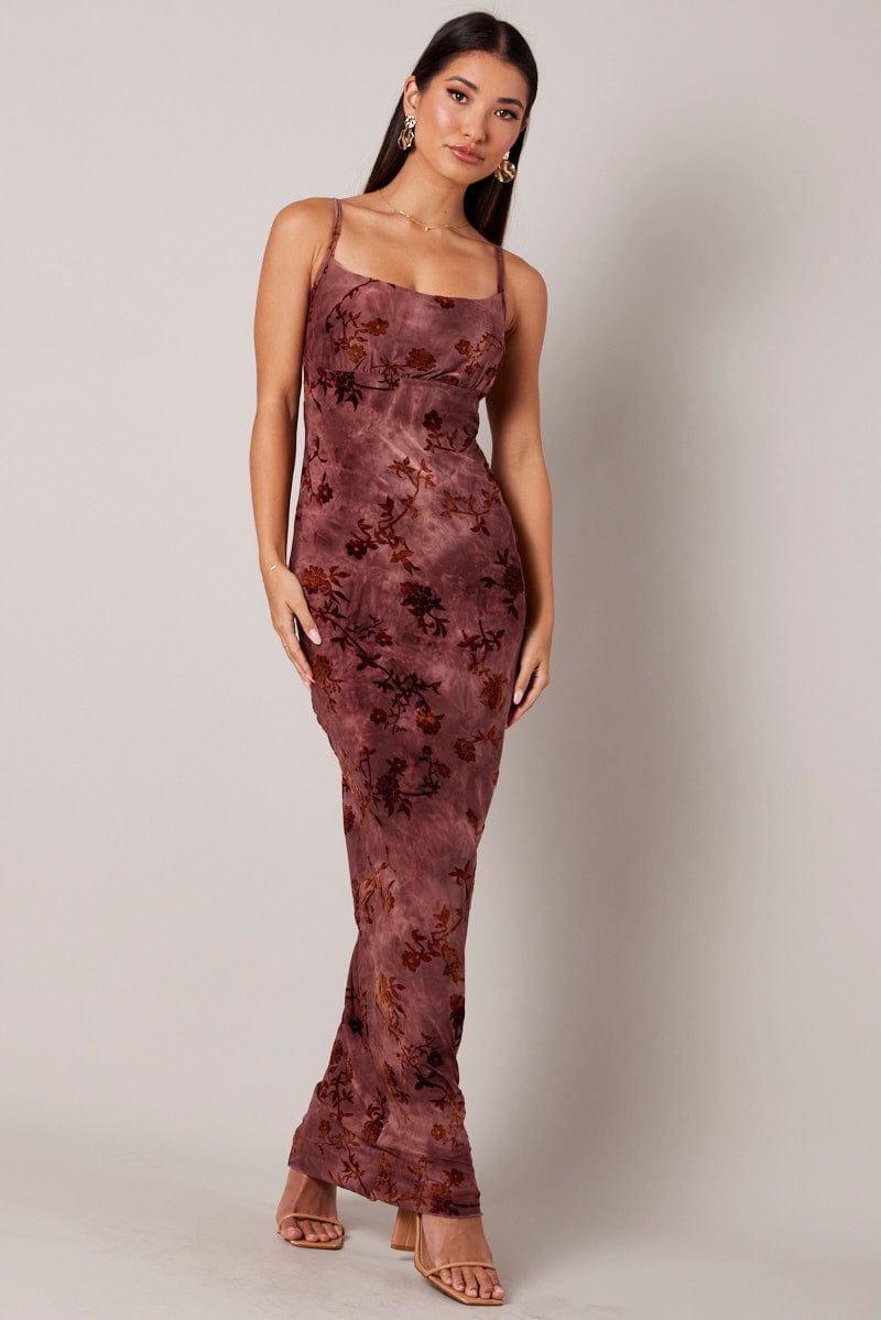 Brown Floral Slip Dress Cowl Neck Maxi Velvet Devore Dress