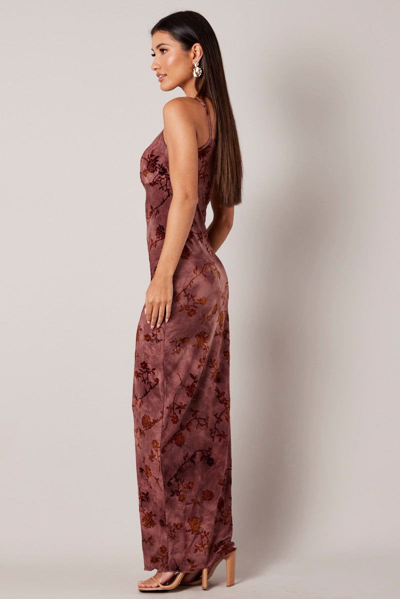 Brown Floral Slip Dress Cowl Neck Maxi Velvet Devore Dress
