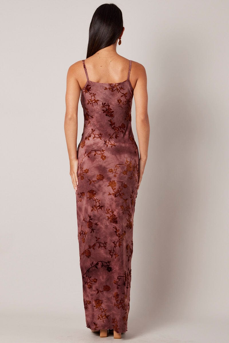 Brown Floral Slip Dress Cowl Neck Maxi Velvet Devore Dress