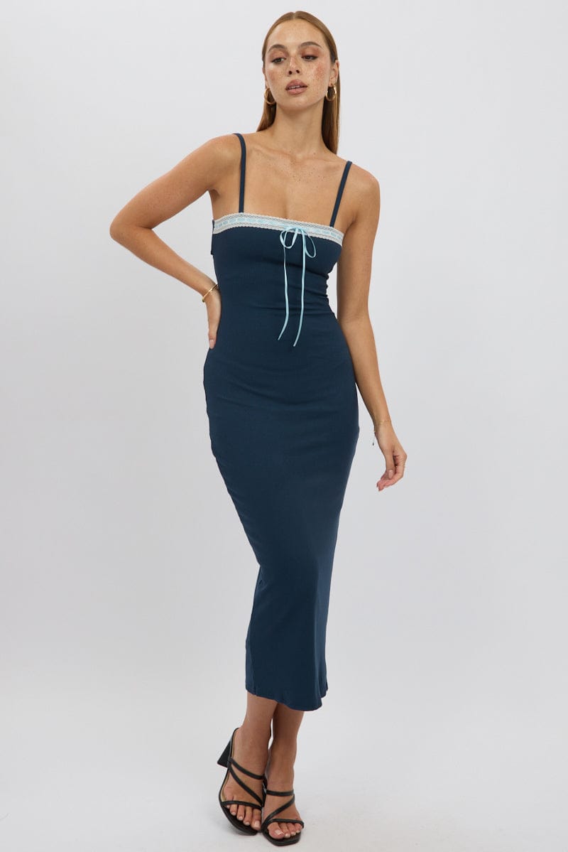 Blue Bodycon Dress Maxi Ribbon Trim