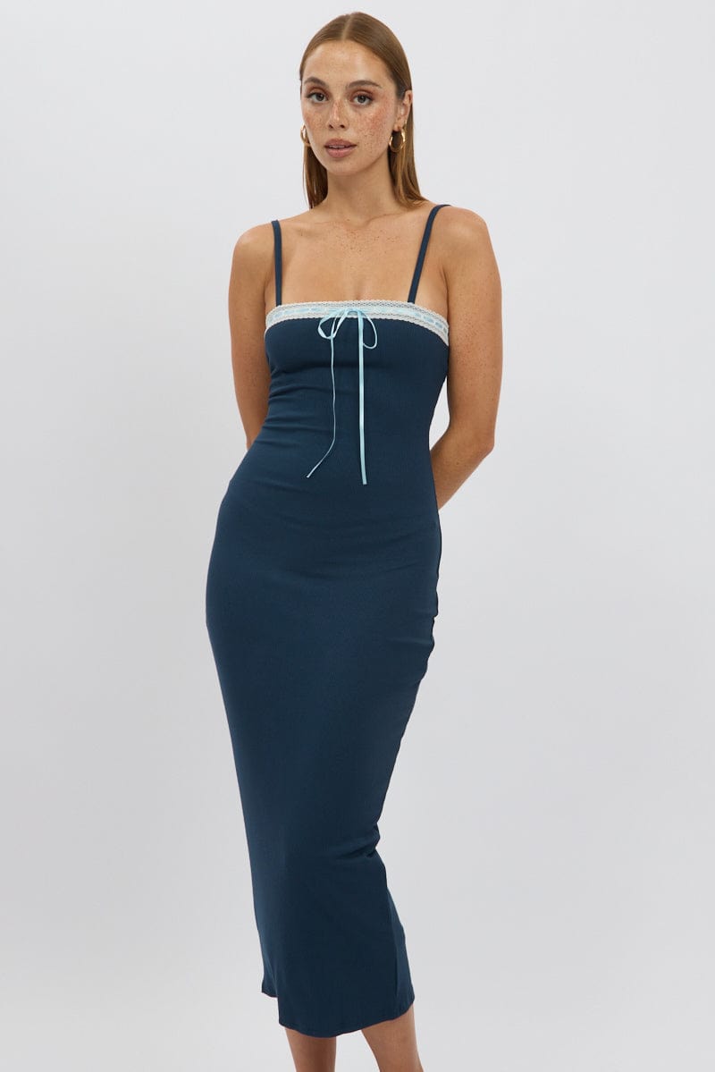 Blue Bodycon Dress Maxi Ribbon Trim