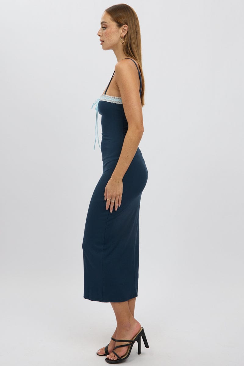 Blue Bodycon Dress Maxi Ribbon Trim