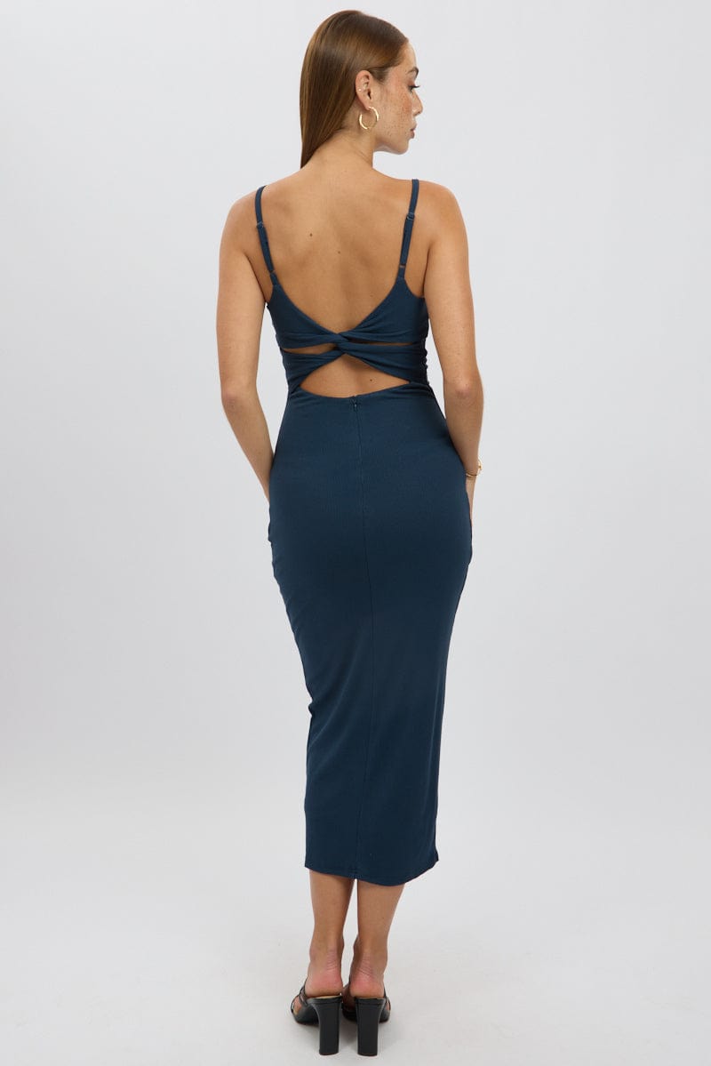 Blue Bodycon Dress Maxi Ribbon Trim