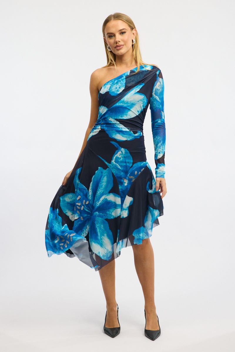 Blue Floral One Shoulder Dress Mesh
