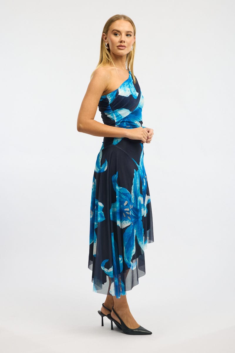 Blue Floral One Shoulder Dress Mesh