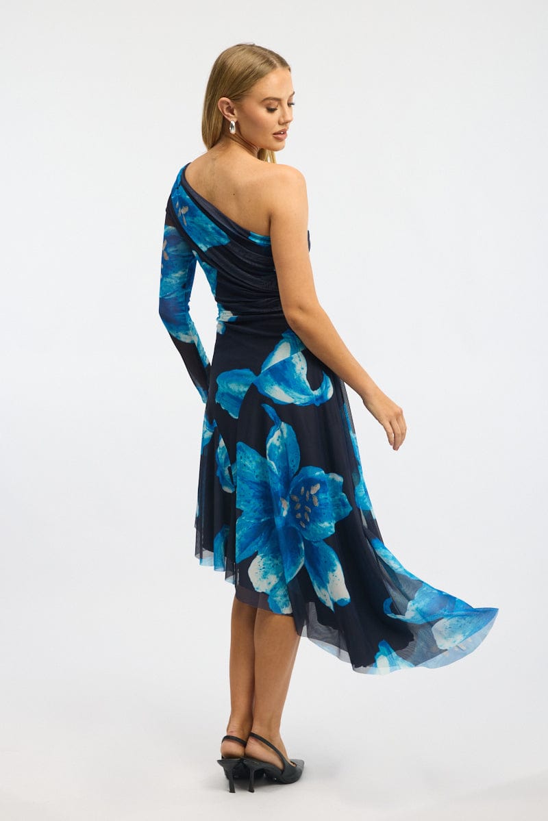 Blue Floral One Shoulder Dress Mesh