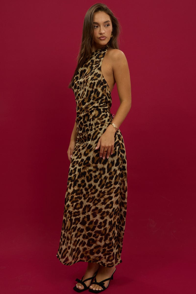 Brown Animal Print Maxi Dress Cowl Neck
