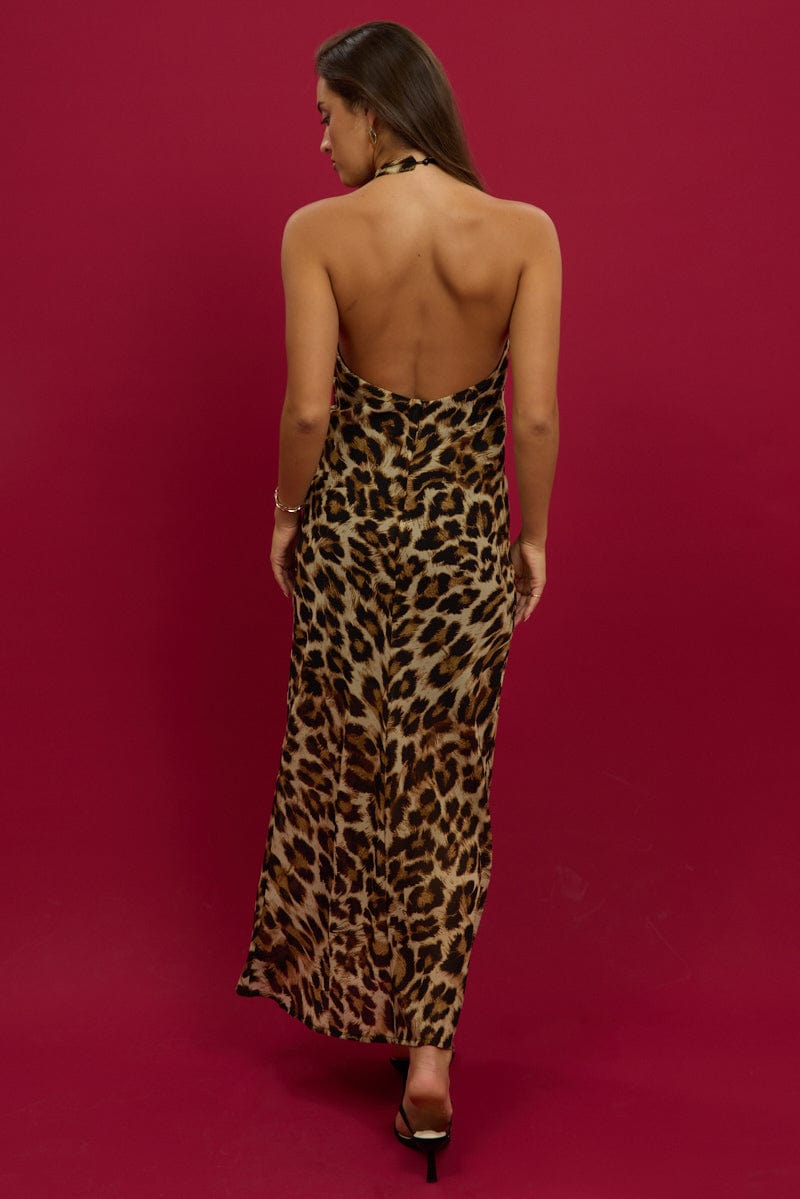 Brown Animal Print Maxi Dress Cowl Neck