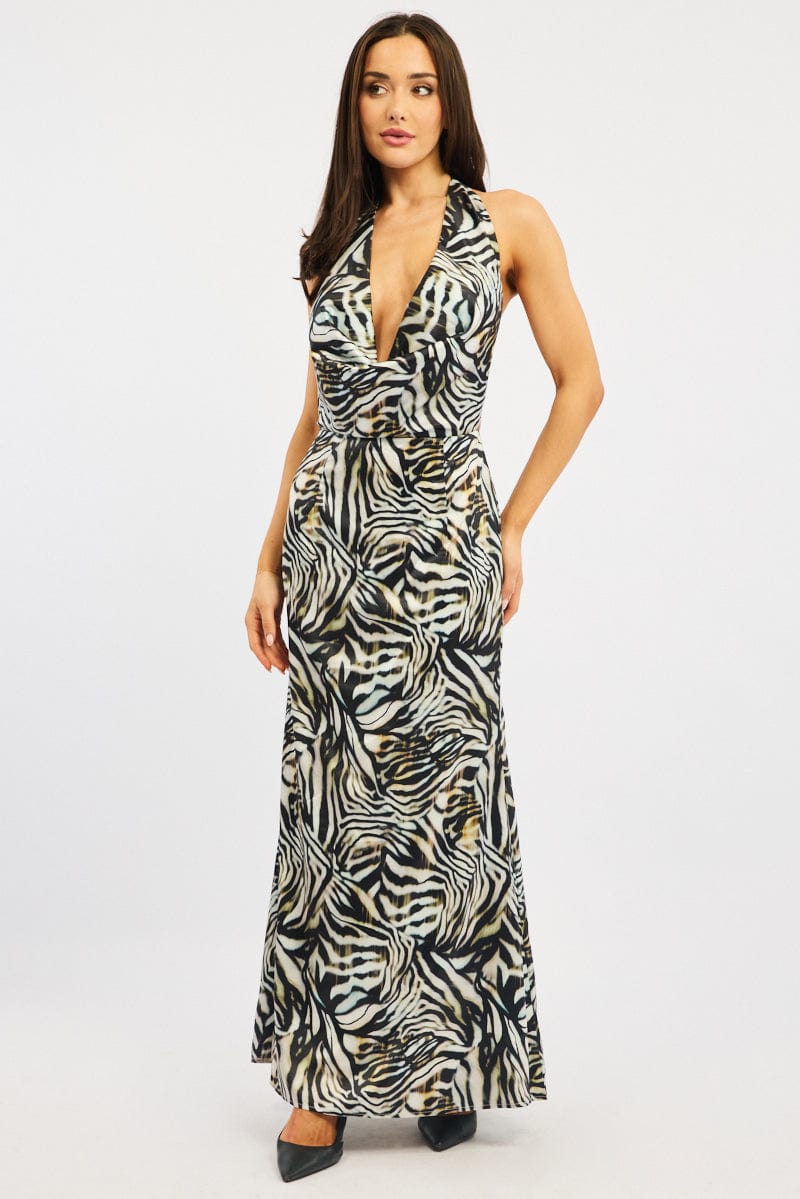 Black Animal Print Cowl Neck Maxi Dress