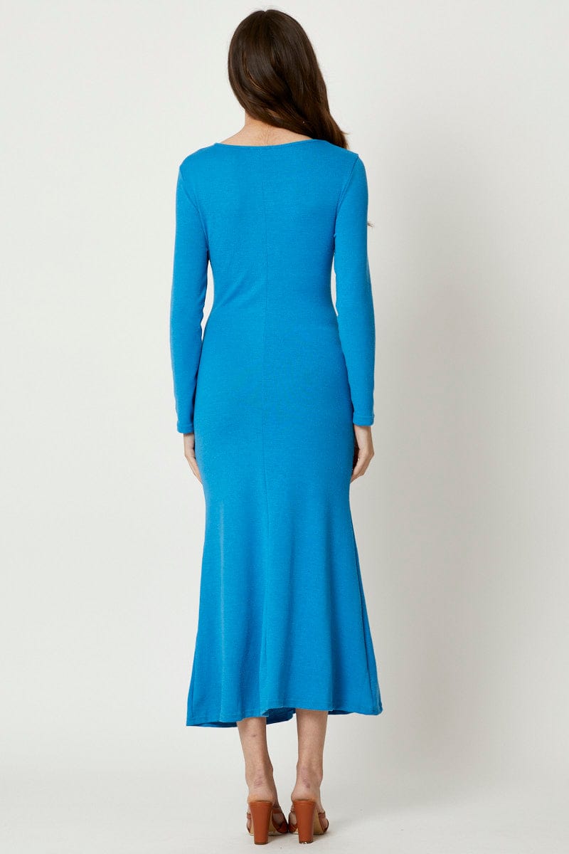Blue Gathered Front Midi Dress