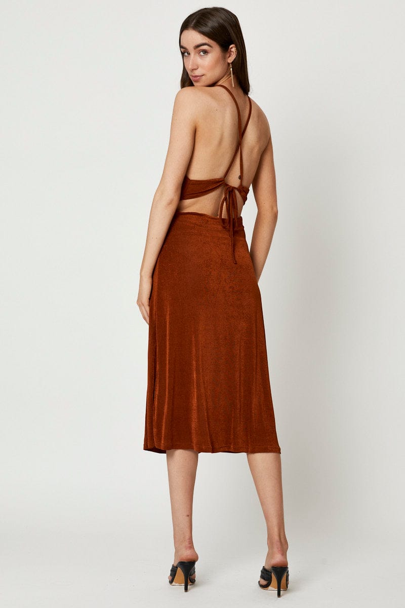 Brown Cut Out Slip Dress