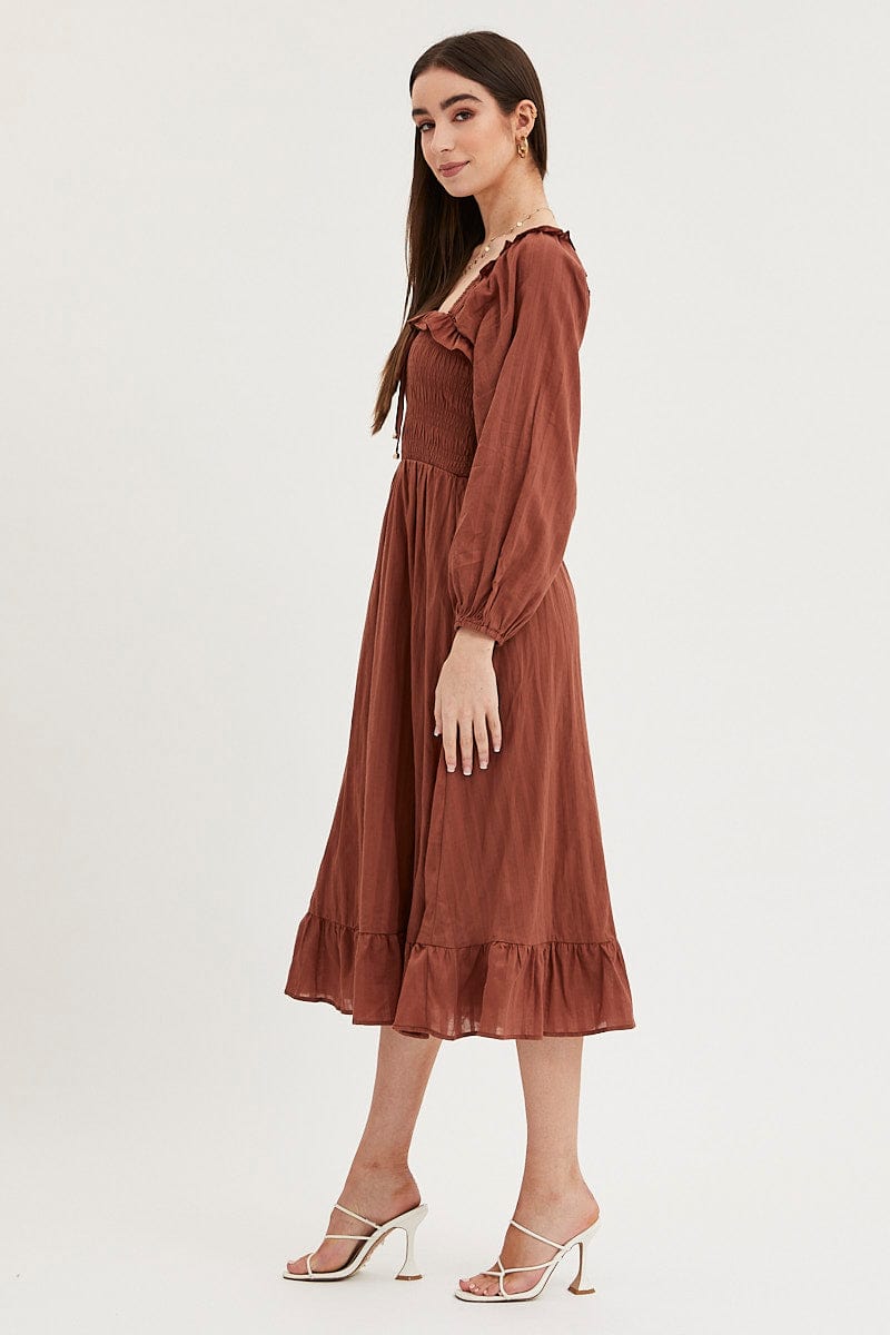 Brown Midi Dress Long Sleeve Evening