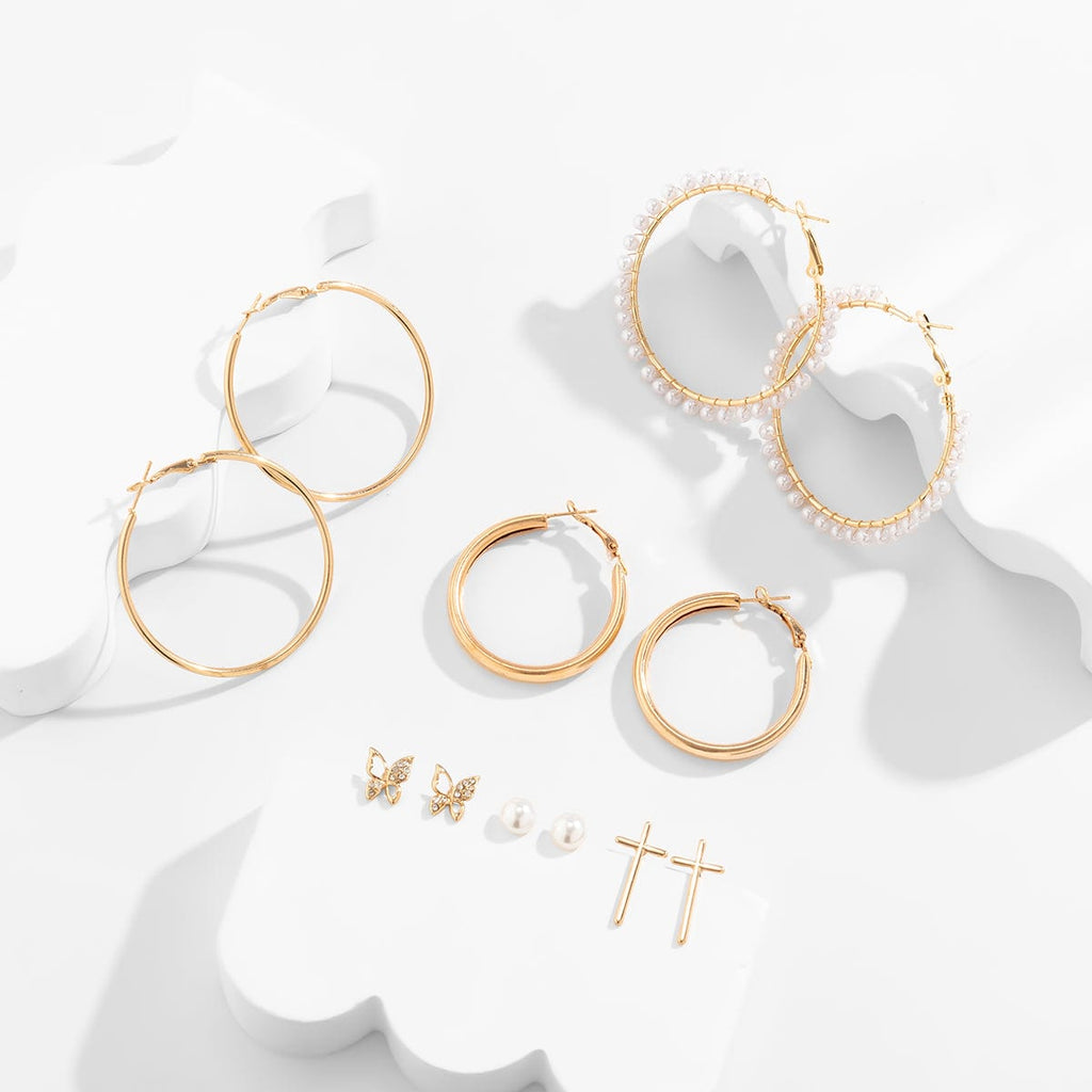 Geometric 12 Pieces Cross Butterfly Chunky Hoop Stud Earrings Set