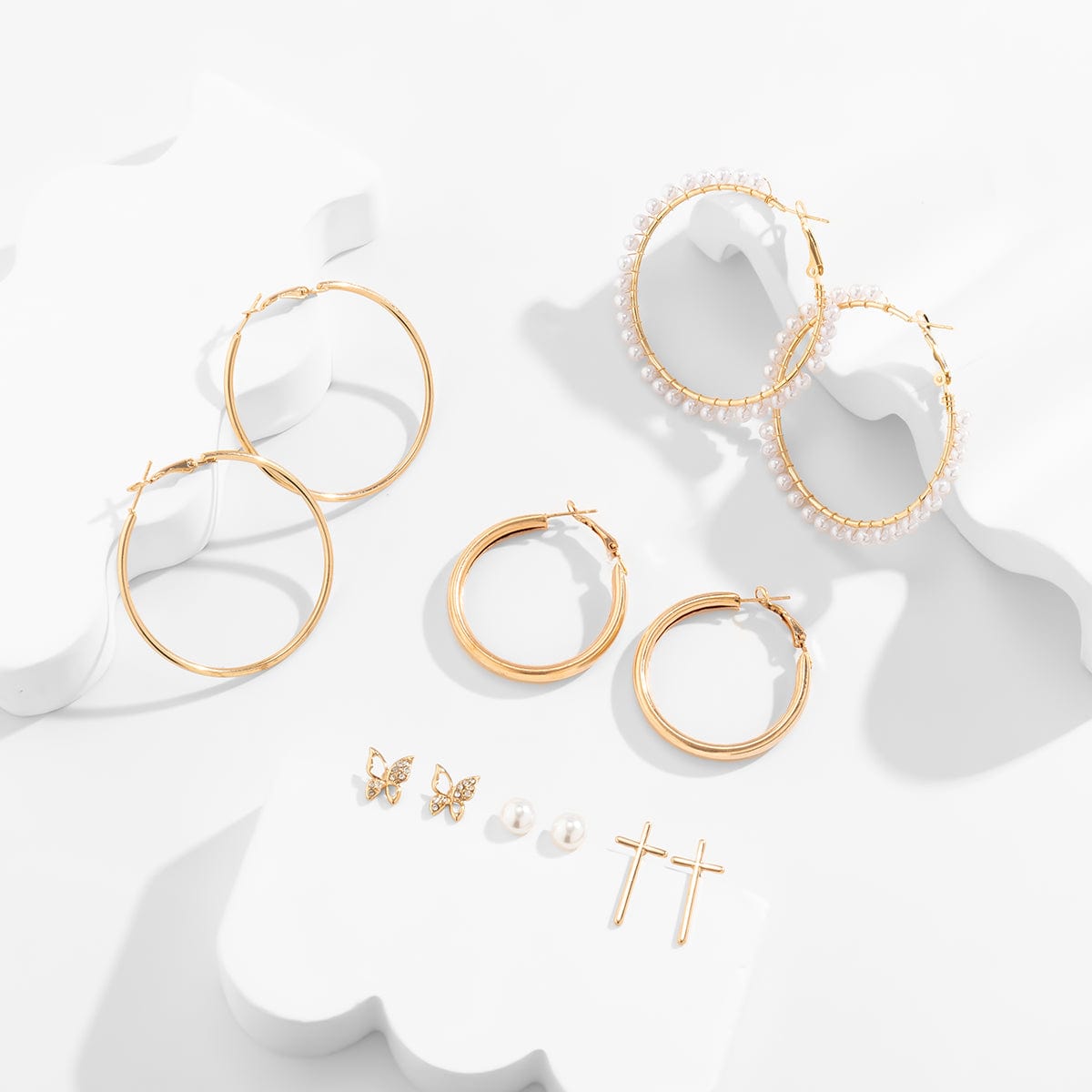 Geometric 12 Pieces Cross Butterfly Chunky Hoop Stud Earrings Set