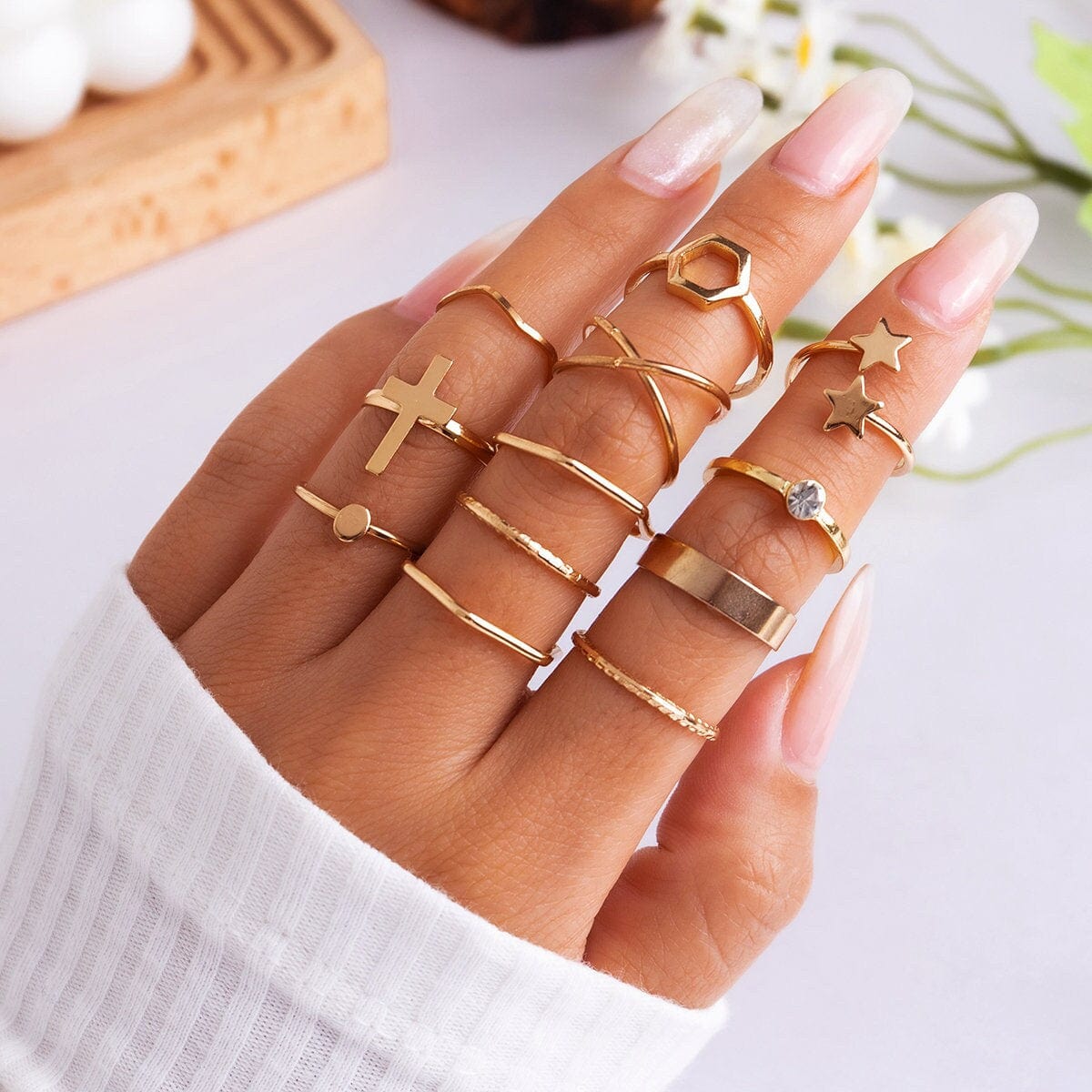 Geometric 12 Pieces Cross Star Ring Set