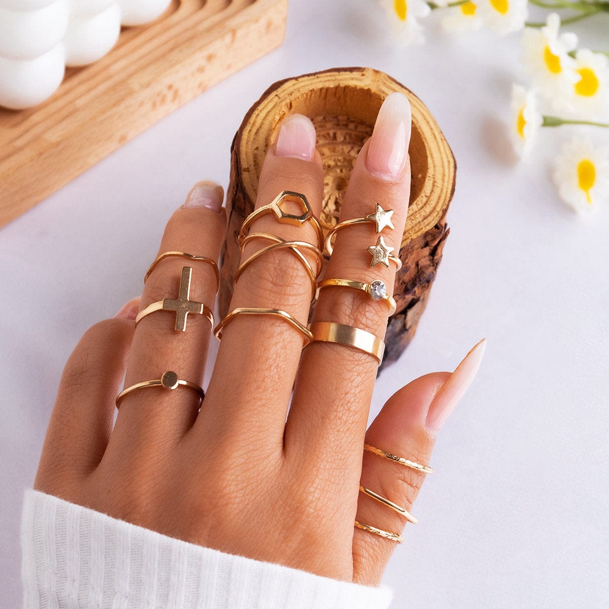 Geometric 12 Pieces Cross Star Ring Set