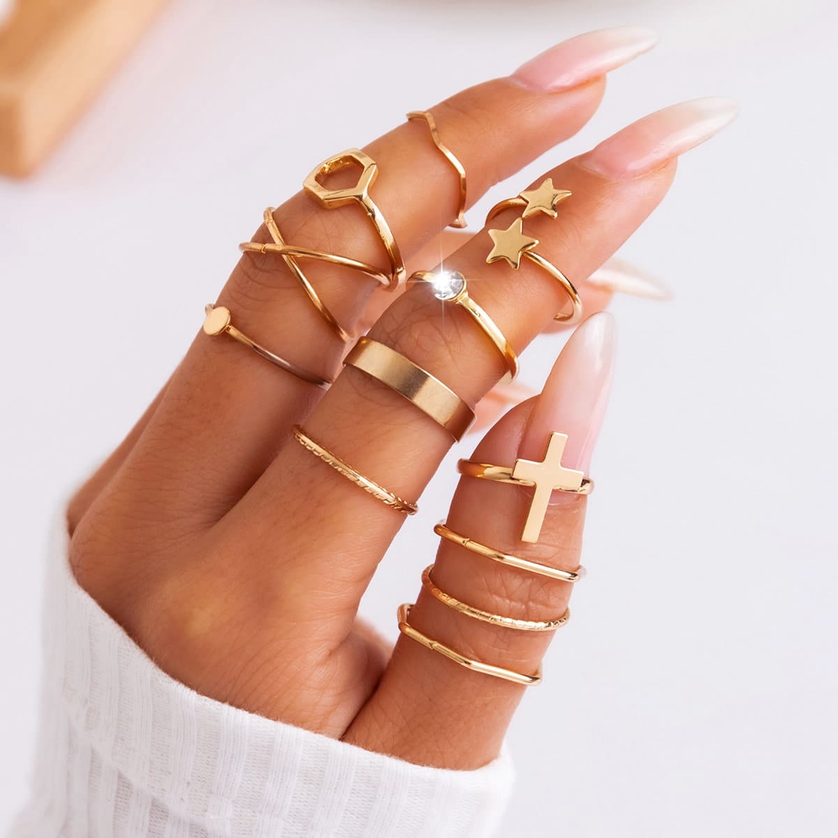 Geometric 12 Pieces Cross Star Ring Set