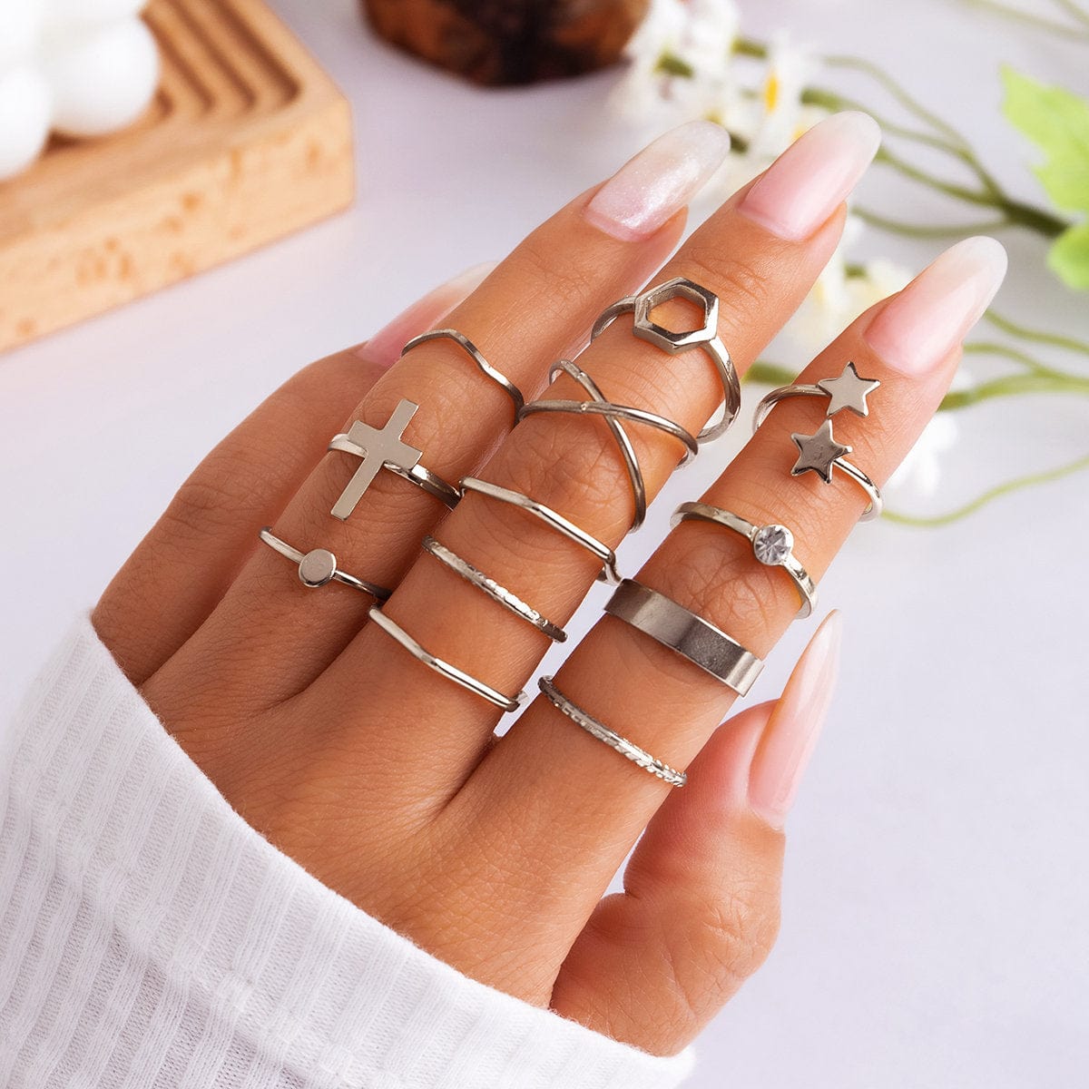 Geometric 12 Pieces Cross Star Ring Set