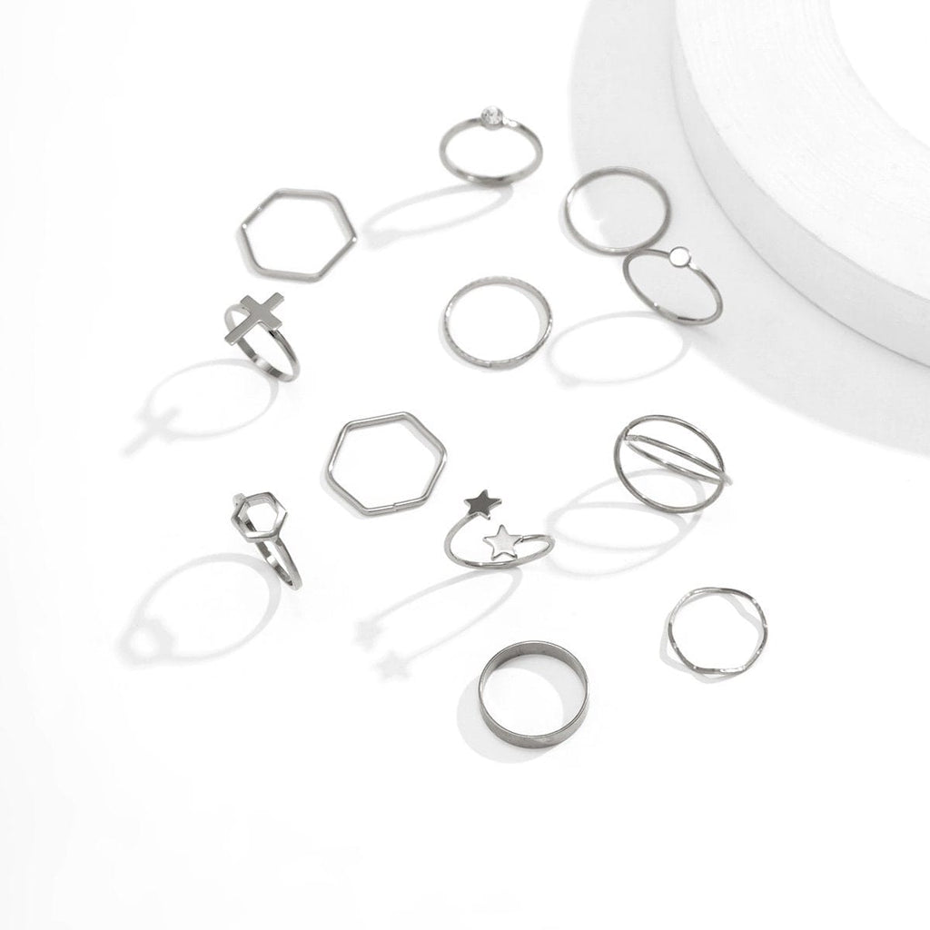 Geometric 12 Pieces Cross Star Ring Set