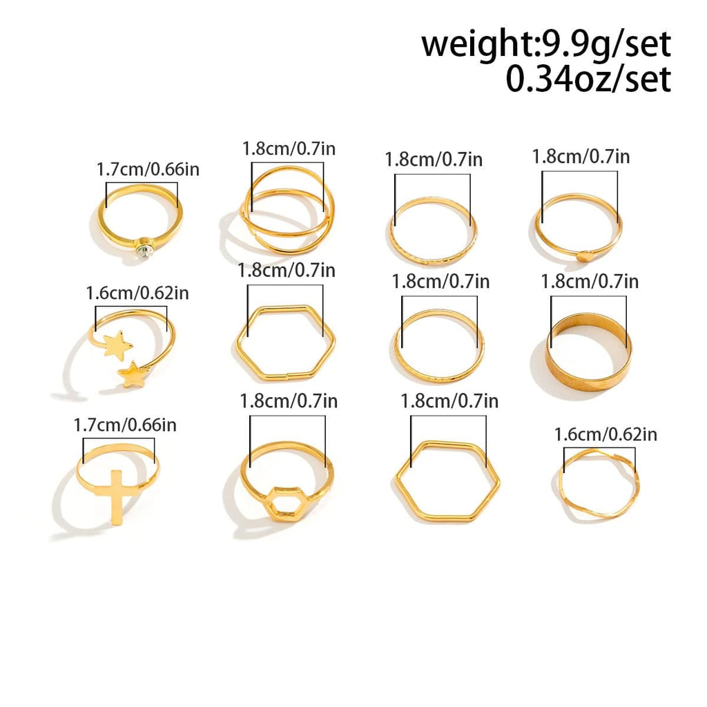 Geometric 12 Pieces Cross Star Ring Set