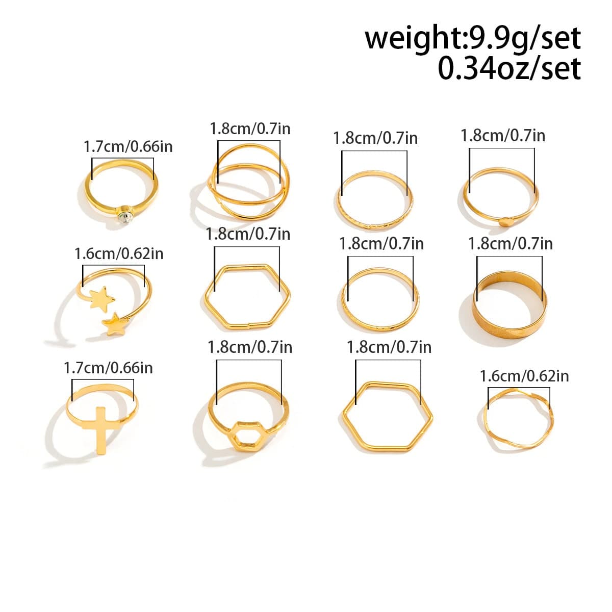 Geometric 12 Pieces Cross Star Ring Set