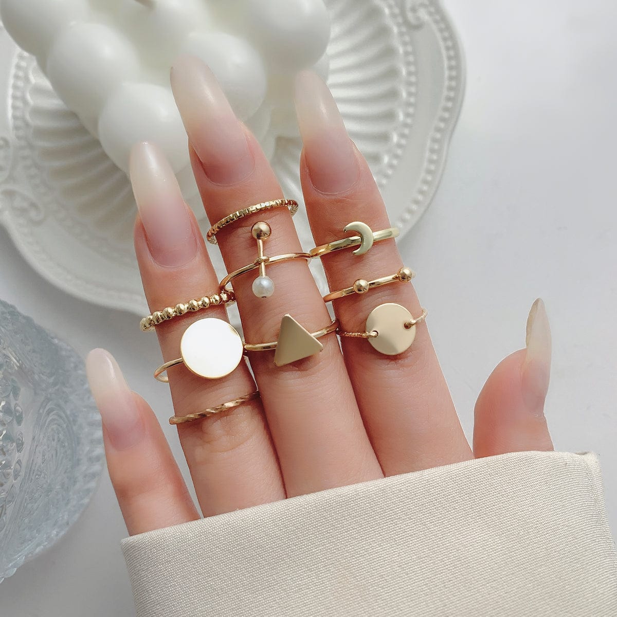 Geometric 9 Pieces Metallic Rings Set