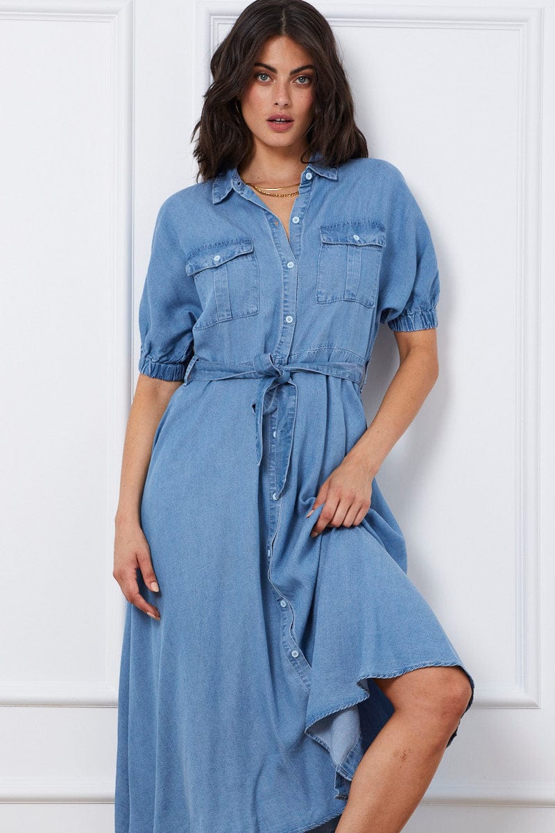 Blue A Line Dress Short Sleeve Maxi