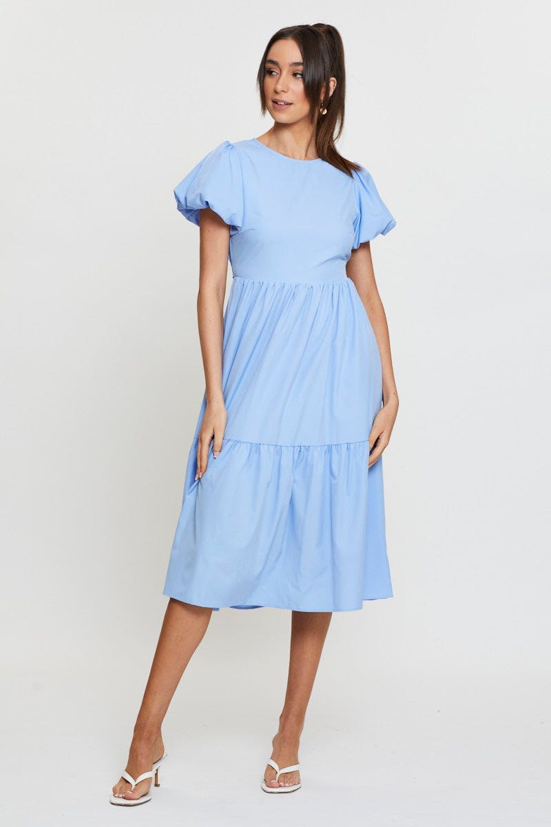 Blue Midi Dress Short Sleeve Round Neck