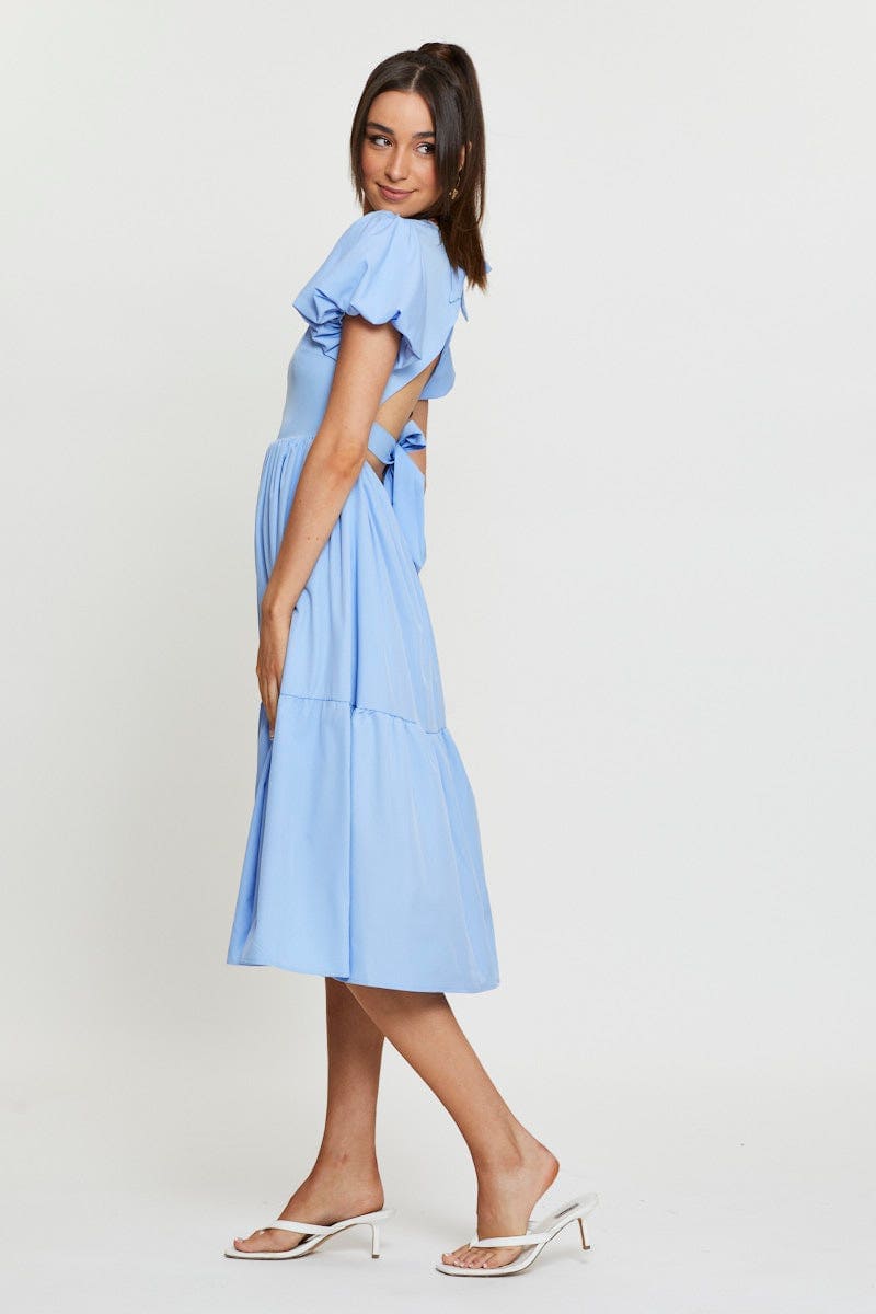 Blue Midi Dress Short Sleeve Round Neck
