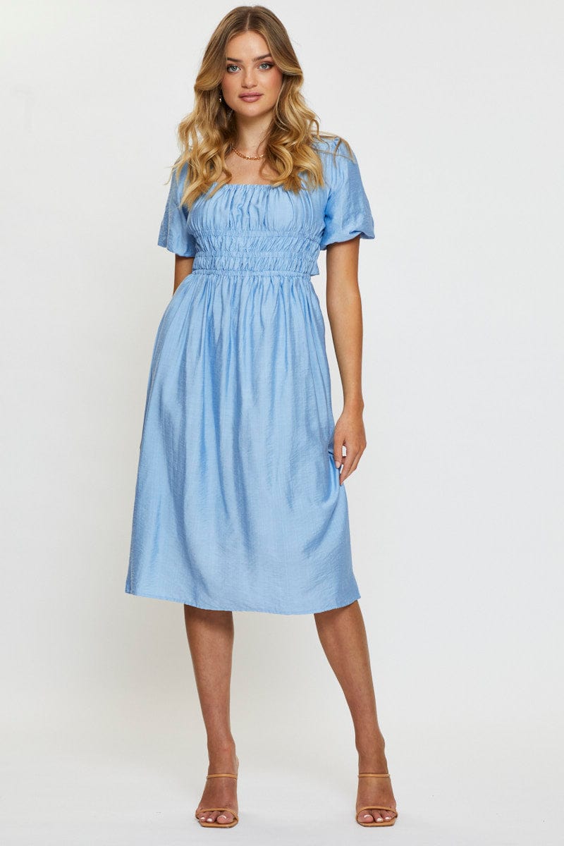 Blue Midi Dress Short Sleeve Square Neck