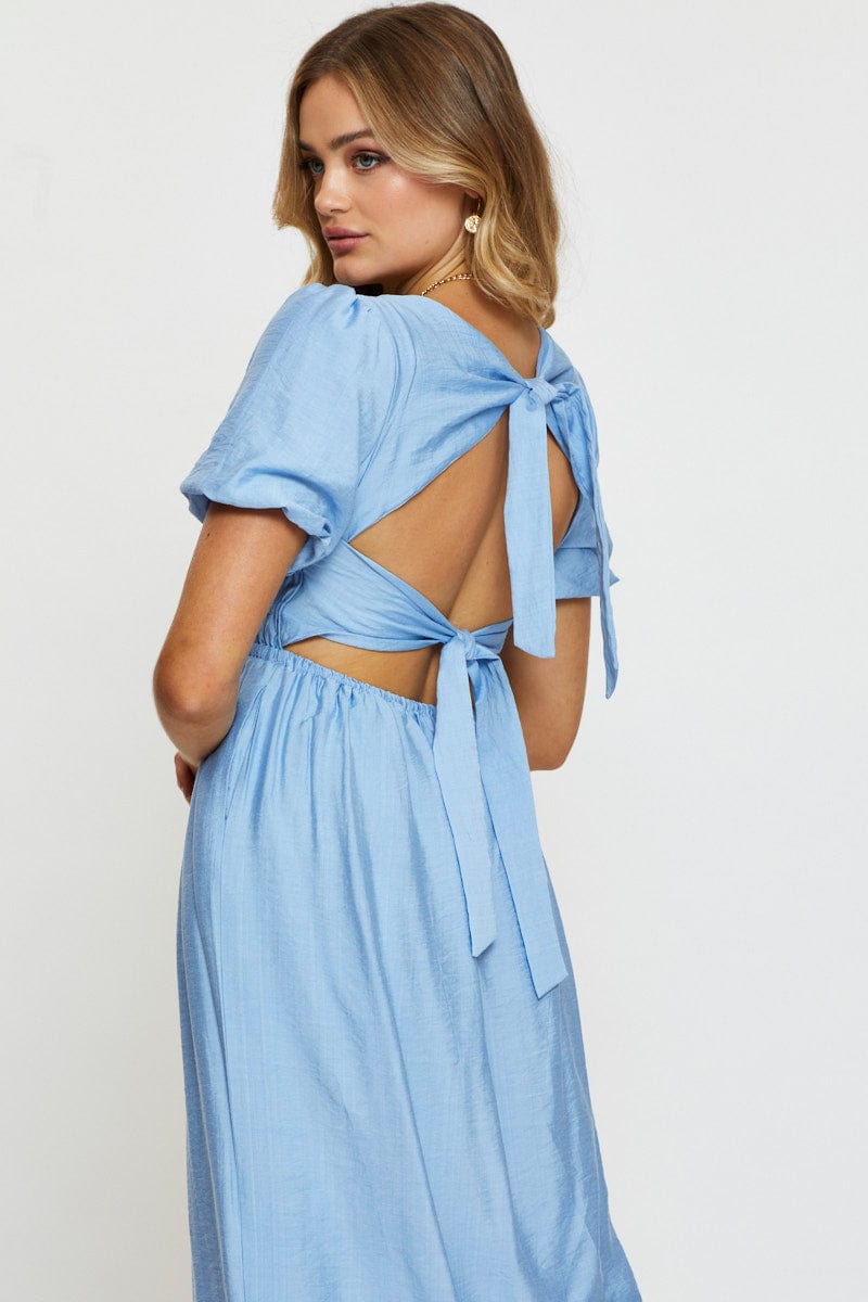 Blue Midi Dress Short Sleeve Square Neck