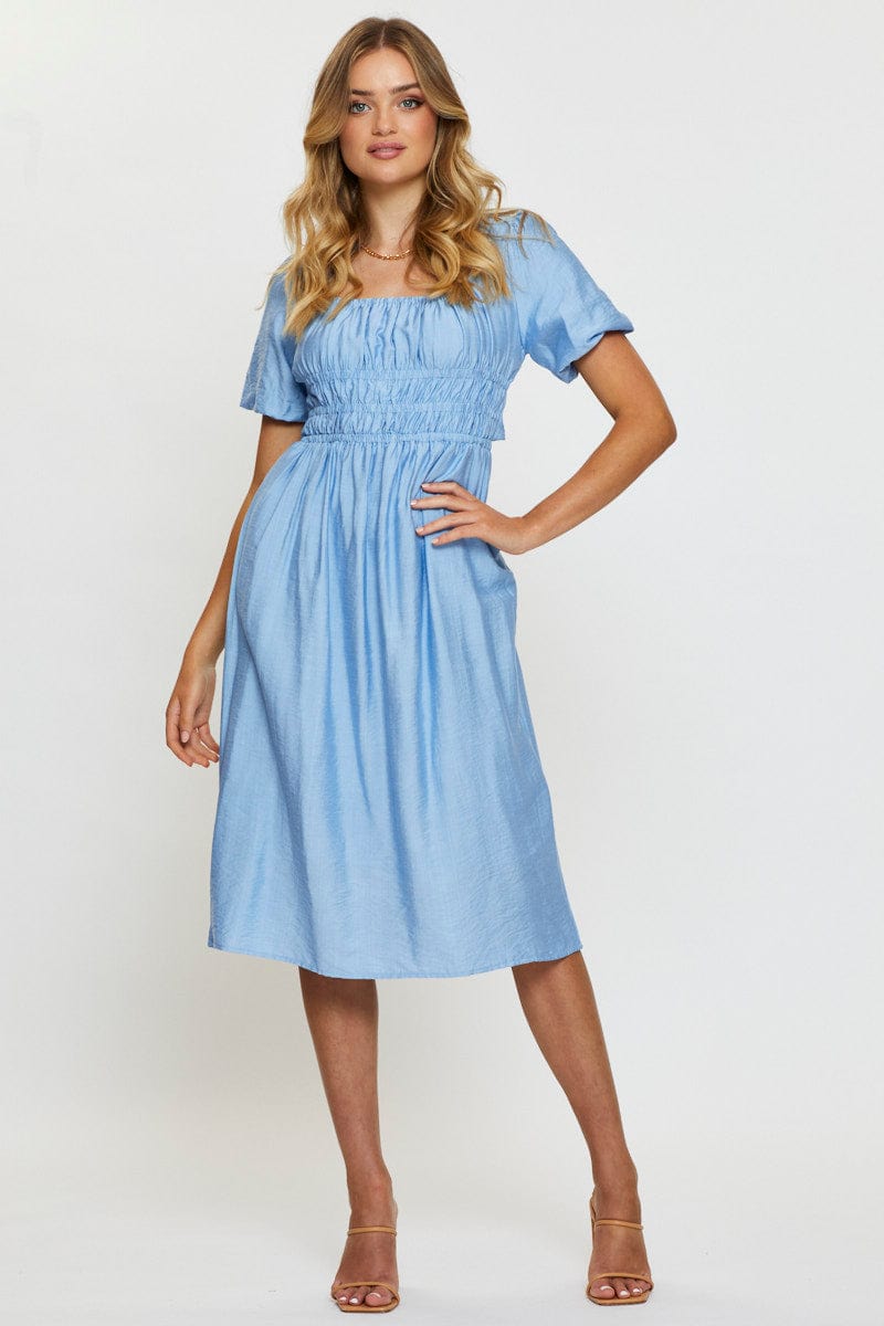 Blue Midi Dress Short Sleeve Square Neck