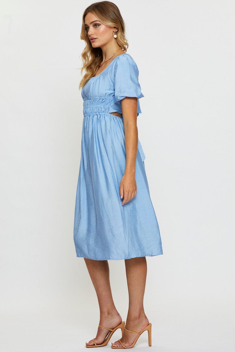 Blue Midi Dress Short Sleeve Square Neck