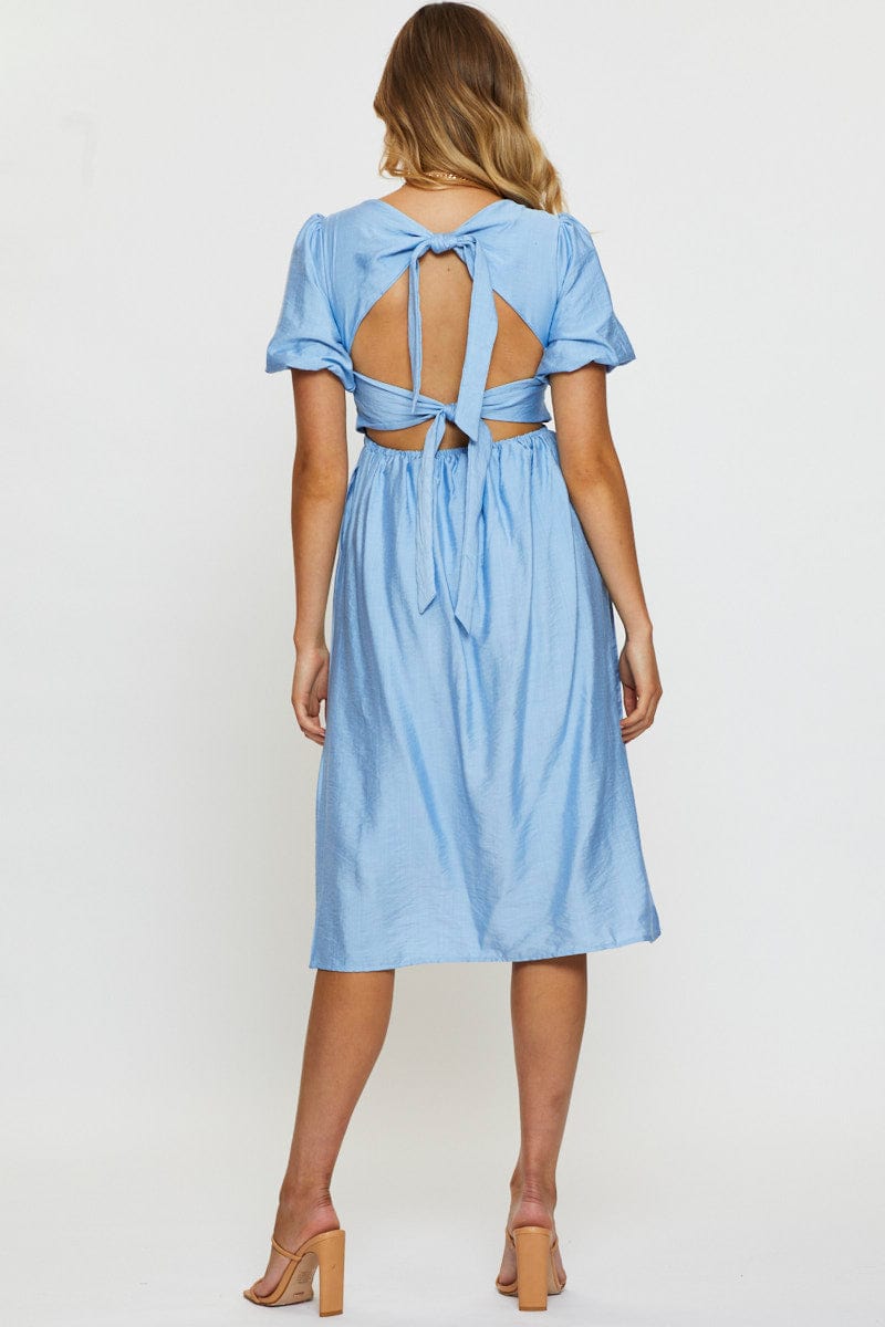 Blue Midi Dress Short Sleeve Square Neck
