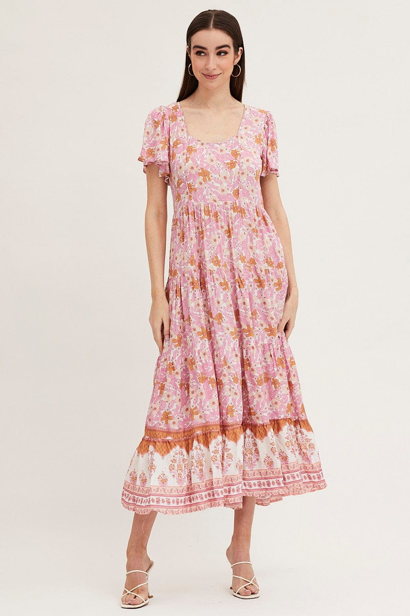 Boho Print Hem Frill Dress Short Sleeve Maxi Square Neck