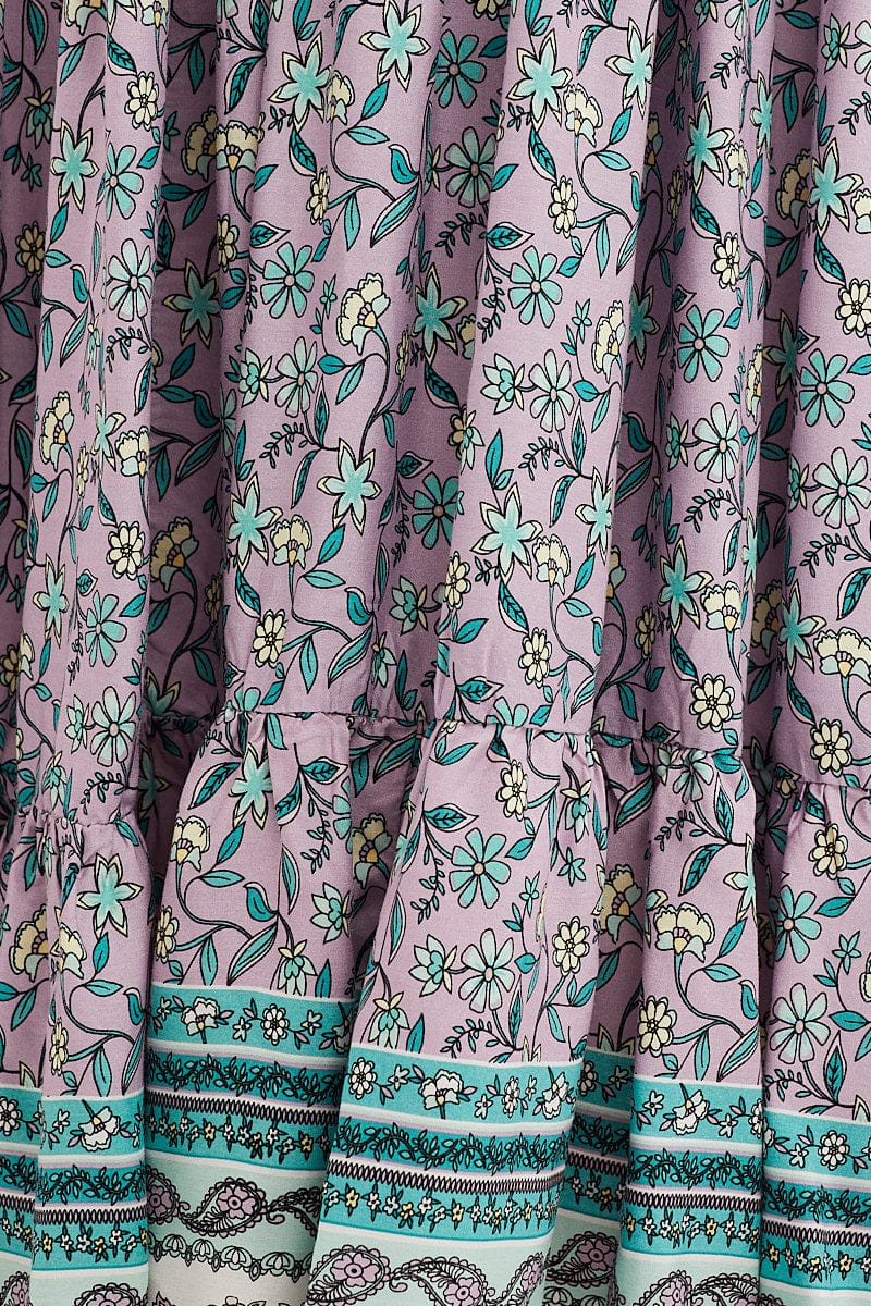 Boho Print Square Neck Puff Sleeve Maxi Dress