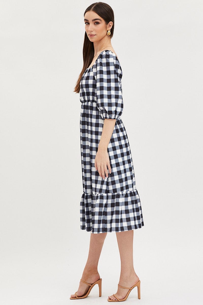 Check Midi Dress Puff Sleeve